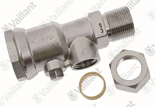 Vaillant Wartungshahn aus Metall mit einem Anschluss für Rohrleitungen und einer Dichtung. Enthält eine Mutter und eine Dichtung für die Installation.
